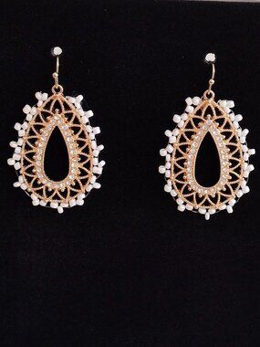 Artisan gold-tone filigree pave teardrop earrings with rhinestones & beads, new